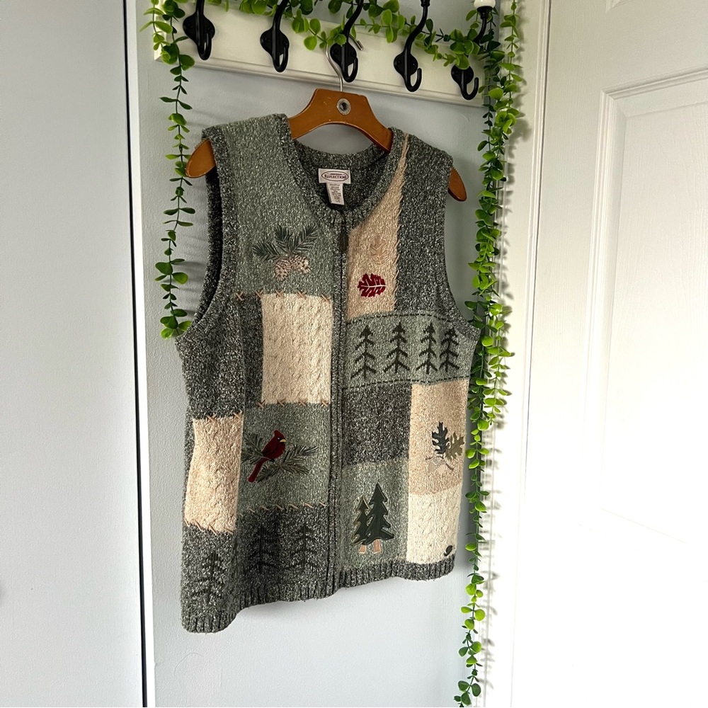 Northern Reflections Green and Cream Patchwork Zip Sweater Vest - Picture 2 of 7